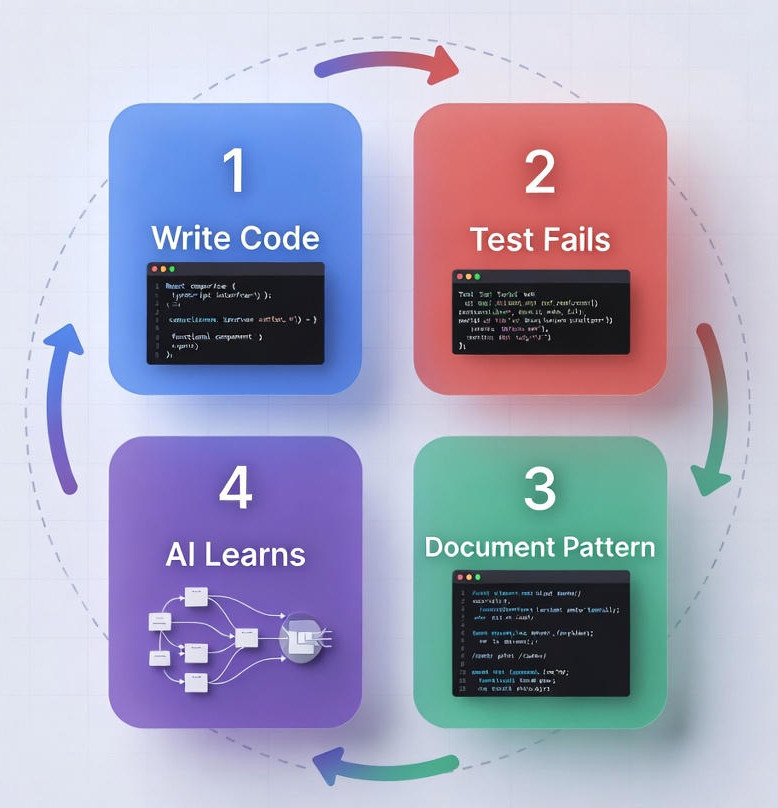 OutcomeOps learning loop: Write code → Test fails → Document pattern → AI learns → Failure doesn't recur