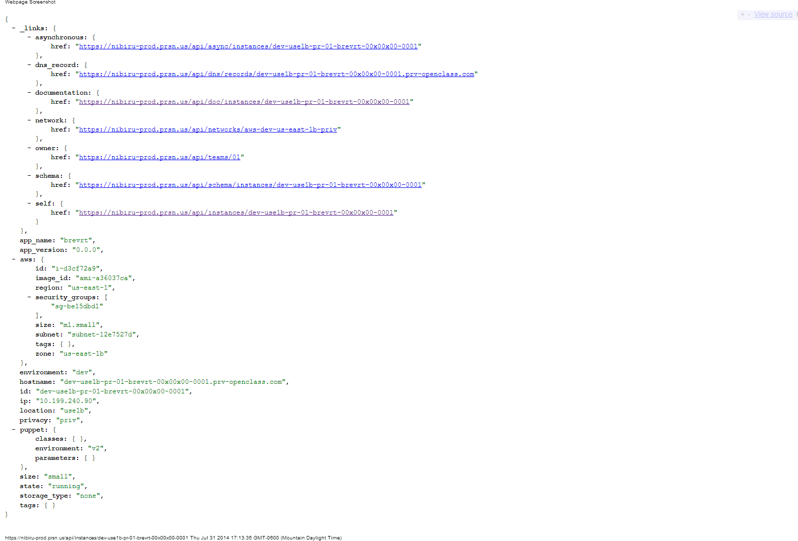 Nibiru instance JSON showing structured metadata for every deployed node